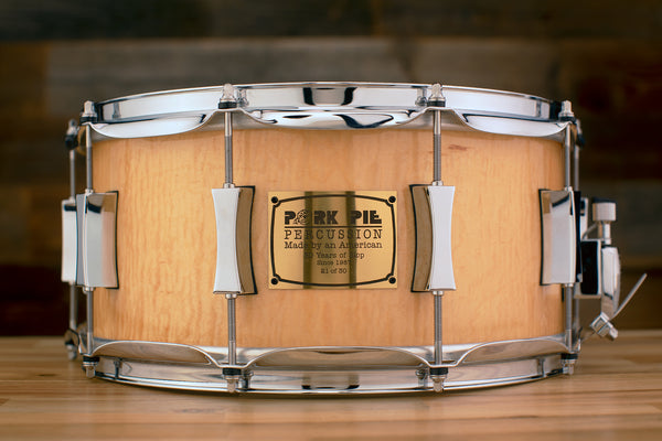 PORK PIE 14 X 6.5 30TH ANNIVERSARY WALNUT SNARE DRUM, CURLY MAPLE VENE –  Drumazon