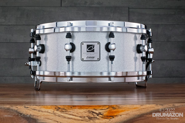 SONOR 14 X 6.5 DESIGNER SERIES MAPLE LIGHT SNARE DRUM, WHITE SPARKLE, HELLA  HOOPS (PRE-LOVED)