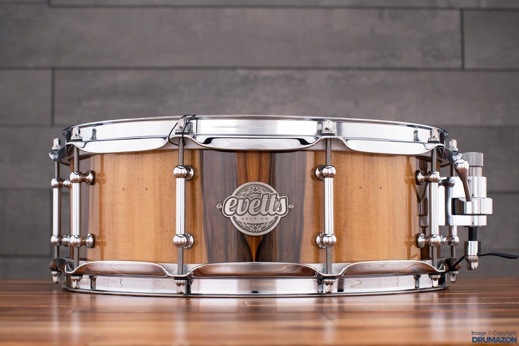 EVETTS 14 X 5 TASMANIAN BLACKWOOD SNARE DRUM, BLACKHEART SASSAFRAS VERTICAL GLOSS VENEER