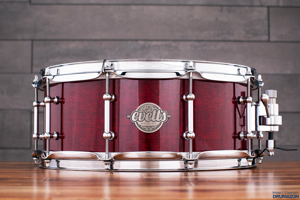 EVETTS 14 X 5.5 JARRAH SNARE DRUM, CHERRY RED STAIN HIGH GLOSS OVER SILKY OAK VENEER