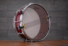 EVETTS 14 X 5.5 JARRAH SNARE DRUM, CHERRY RED STAIN HIGH GLOSS OVER SILKY OAK VENEER