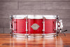 EVETTS 14 X 5.5 SPOTTED GUM SNARE DRUM, CHERRY RED STAIN OVER SILKY OAK GLOSS VENEER