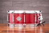 EVETTS 14 X 5.5 SPOTTED GUM SNARE DRUM, CHERRY RED STAIN OVER SILKY OAK GLOSS VENEER