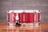 EVETTS 14 X 5.5 SPOTTED GUM SNARE DRUM, CHERRY RED STAIN OVER SILKY OAK GLOSS VENEER