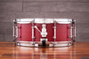 EVETTS 14 X 5.5 SPOTTED GUM SNARE DRUM, CHERRY RED STAIN OVER SILKY OAK SMOOTH SATIN VENEER