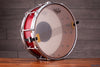 EVETTS 14 X 5.5 SPOTTED GUM SNARE DRUM, CHERRY RED STAIN OVER SILKY OAK SMOOTH SATIN VENEER