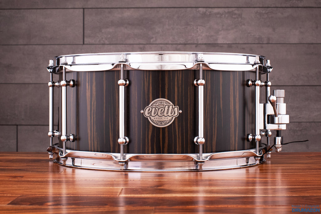 EVETTS 14 X 6.5 JARRAH SNARE DRUM, WILD MACASSAR SMOOTH SATIN VENEER