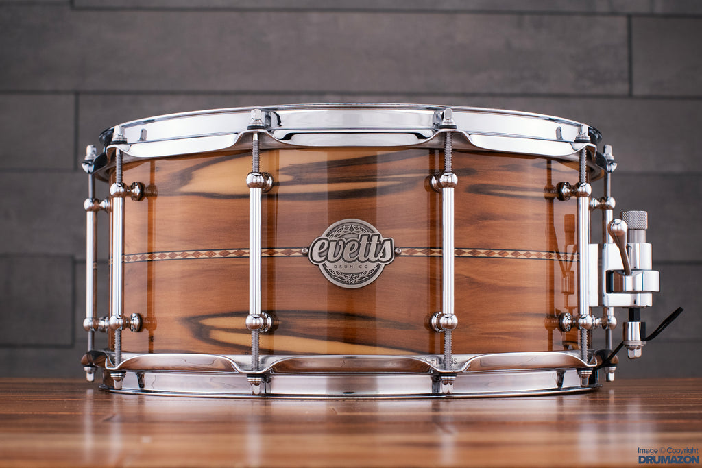 EVETTS 14 X 6.5 SPOTTED GUM SNARE DRUM, BLACKHEART SASSAFRAS GLOSS WITH INLAY