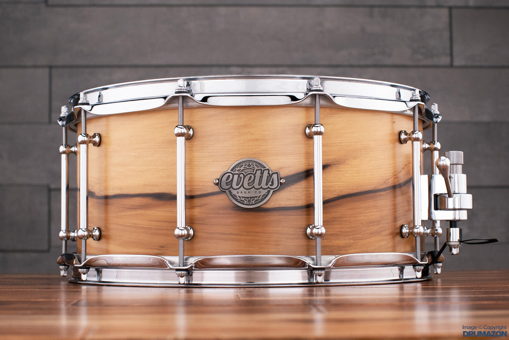 EVETTS 14 X 6.5 SPOTTED GUM SNARE DRUM, BLACKHEART SASSAFRAS SMOOTH SATIN VENEER