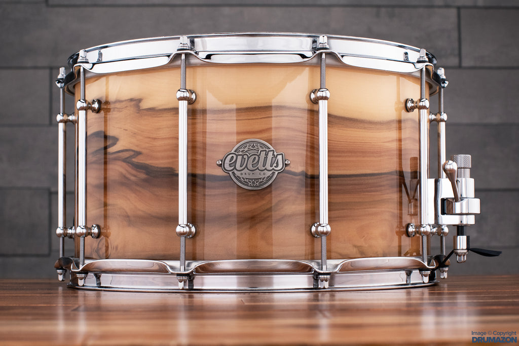 EVETTS 14 X 8 JARRAH SNARE DRUM, BLACKHEART SASSAFRAS GLOSS