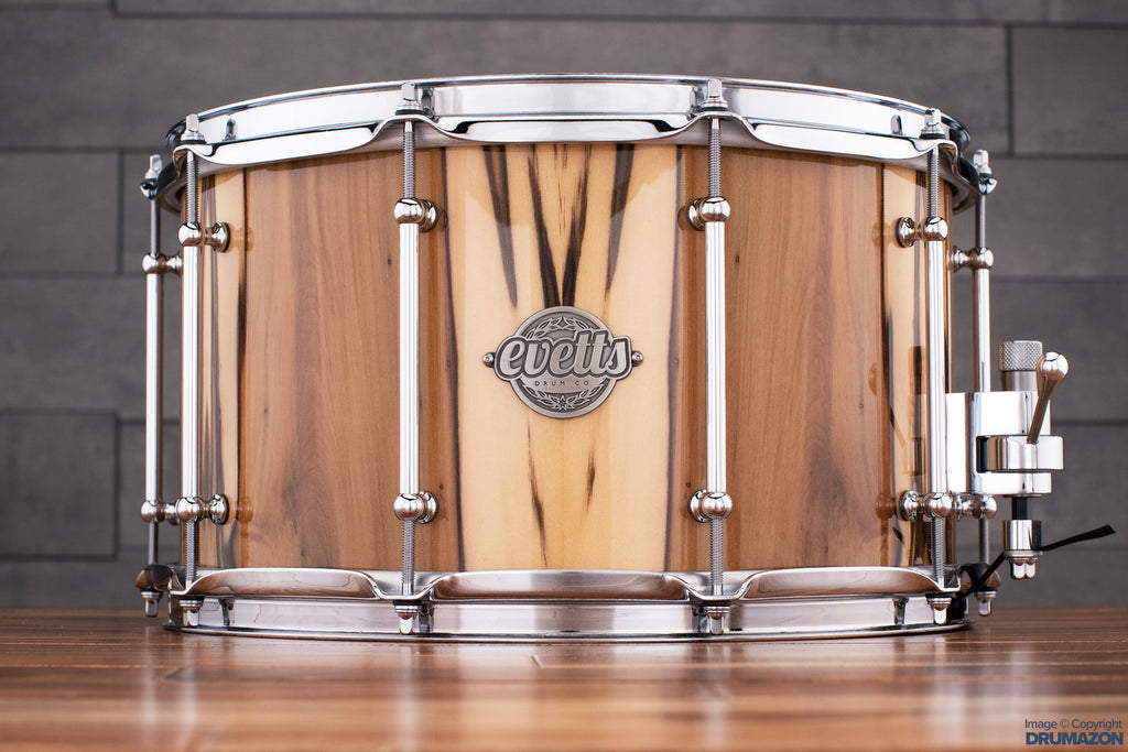 EVETTS 14 X 8 SPOTTED GUM SNARE DRUM, VERTICAL BLACKHEART SASSAFRAS GLOSS