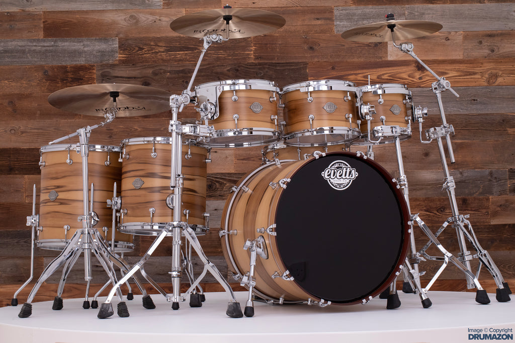 EVETTS JARRAH SHELL 6 PIECE DRUM KIT, BLACKHEART SASSAFRAS SMOOTH SATIN VENEER