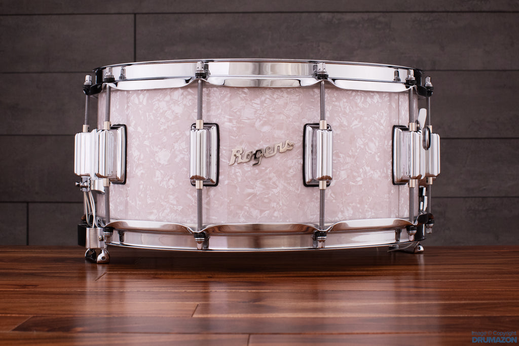 ROGERS 14 X 6.5 DYNA-SONIC BEAVERTAIL SNARE DRUM, WHITE MARINE PEARL