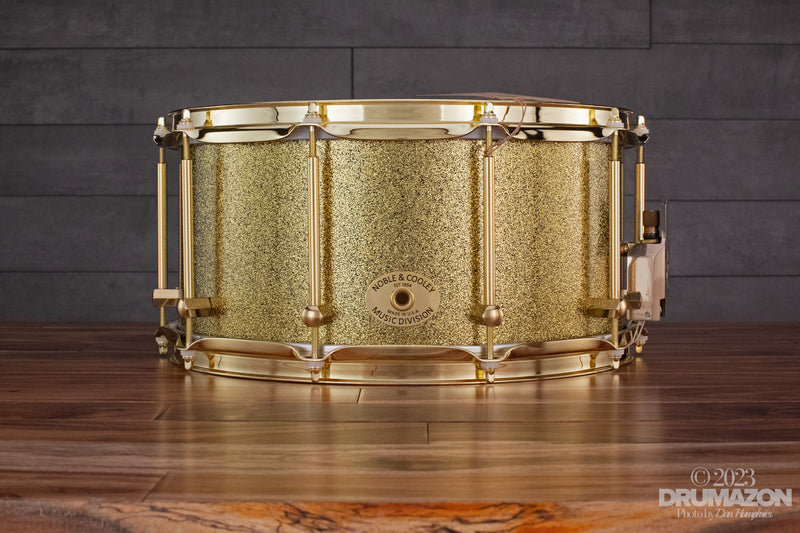 NOBLE & COOLEY 14 X 7 SS CLASSIC SOLID MAPLE SHELL SNARE DRUM, GOLD  SPARKLE, BRASS FITTINGS